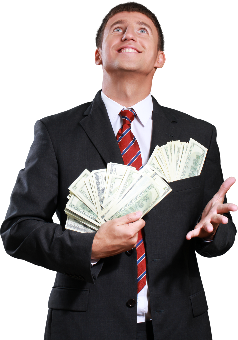 Excited Businessman Holding Money and Looking Up Cutout